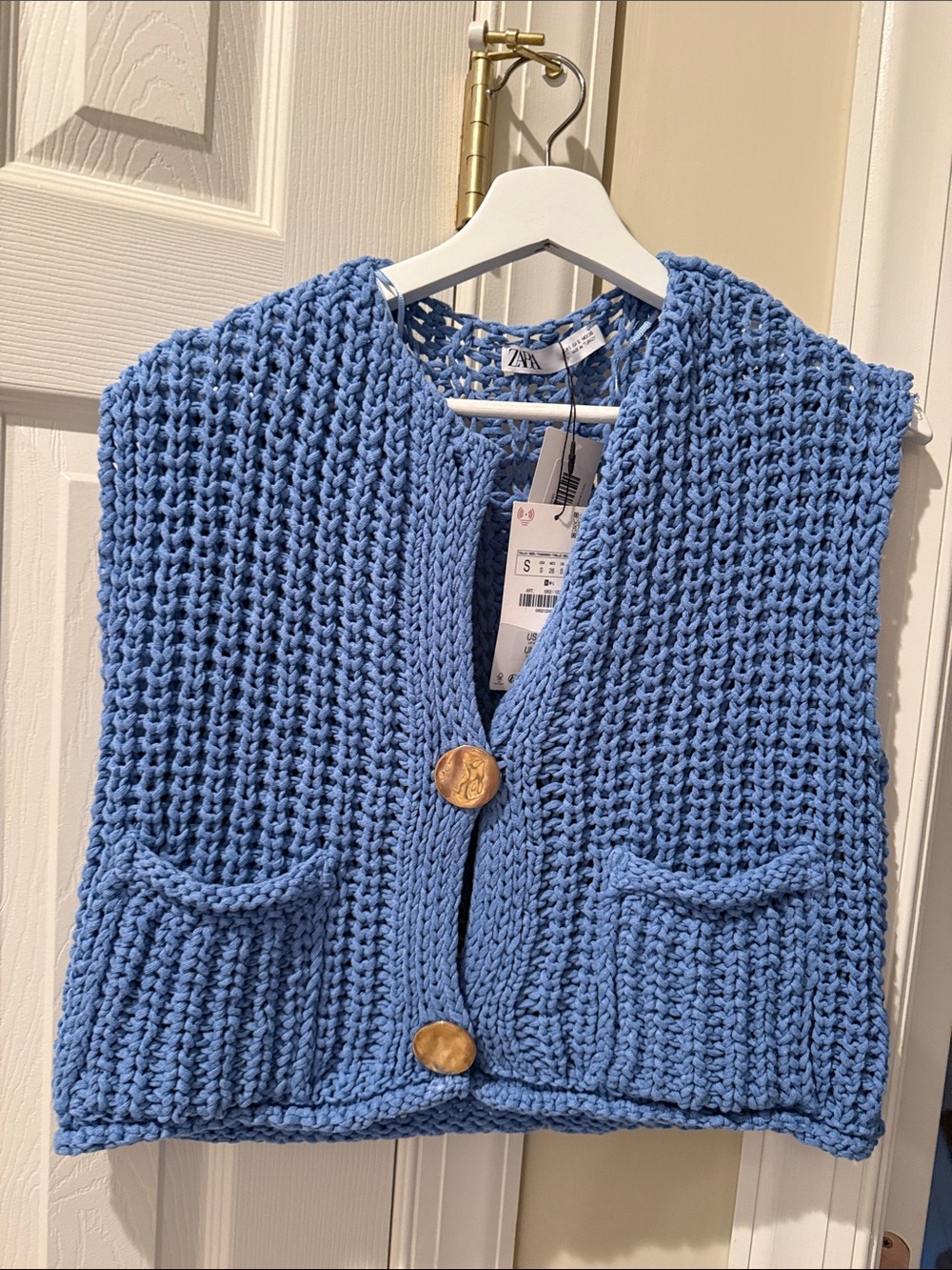 Zara Light Blue Chunky Knit Pocket Vest